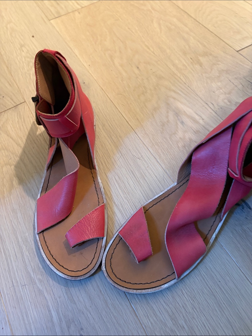 Free People red Crisscross Ankle-Wrap Leather Sandals